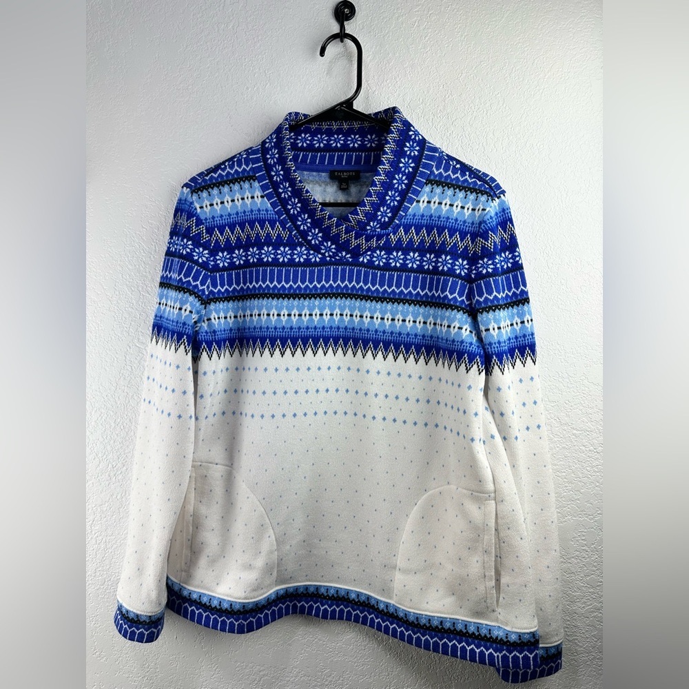 Talbots Women’s Blue/White Snowflake Print Sweater Size LP